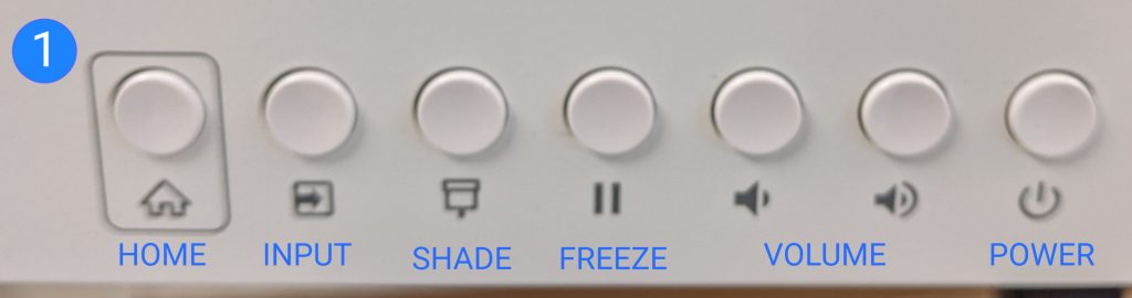 <ul><li>Home: Goes to the Smartboard Home to use the onboard android system (whiteboard and basic web browser)</li><li>Input: Select from the inputs 0 choose this to switch to the computer (HDMI1 / PC)</li><li>Shade: Hide part of the screen</li><li>Freeze: freeze/pause the screen</li><li>Volume: Volume up and down</li><li>Power: Screen power for every-day use</li></ul>