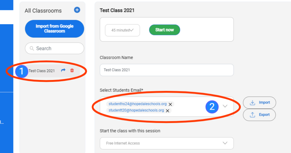 <p>If you add a new student or a student leaves from your class, you can easily modify the list.  </p><ul><li>Click on the class (1) and then click on the Select Students Email dropdown (2).</li><li>Check the box next to any student you want in the class.</li></ul>