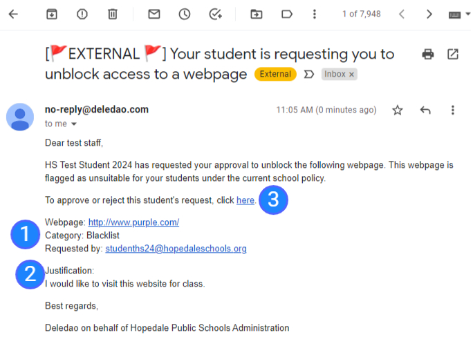 <ol><li>The website being requested, why it was blocked and WHO is requesting it.  <strong>DO NOT approve a request if they are not your student.</strong></li><li><strong>Why they are requesting the site to be unblocked.</strong></li><li><strong>The link for you to approve or reject the request.</strong></li></ol>