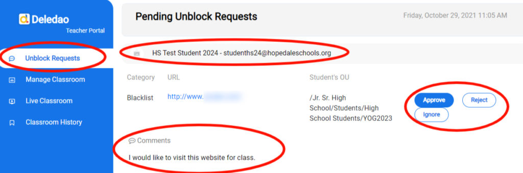 <p>Here you can see the same information that was in the email with 3 options:</p><ul><li>APPROVE - This will allow the website to be visited</li><li>REJECT - This will deny the request of the student with a reason of rejection</li><li>IGNORE - This will also deny the request but not give the student a notification of why</li></ul>