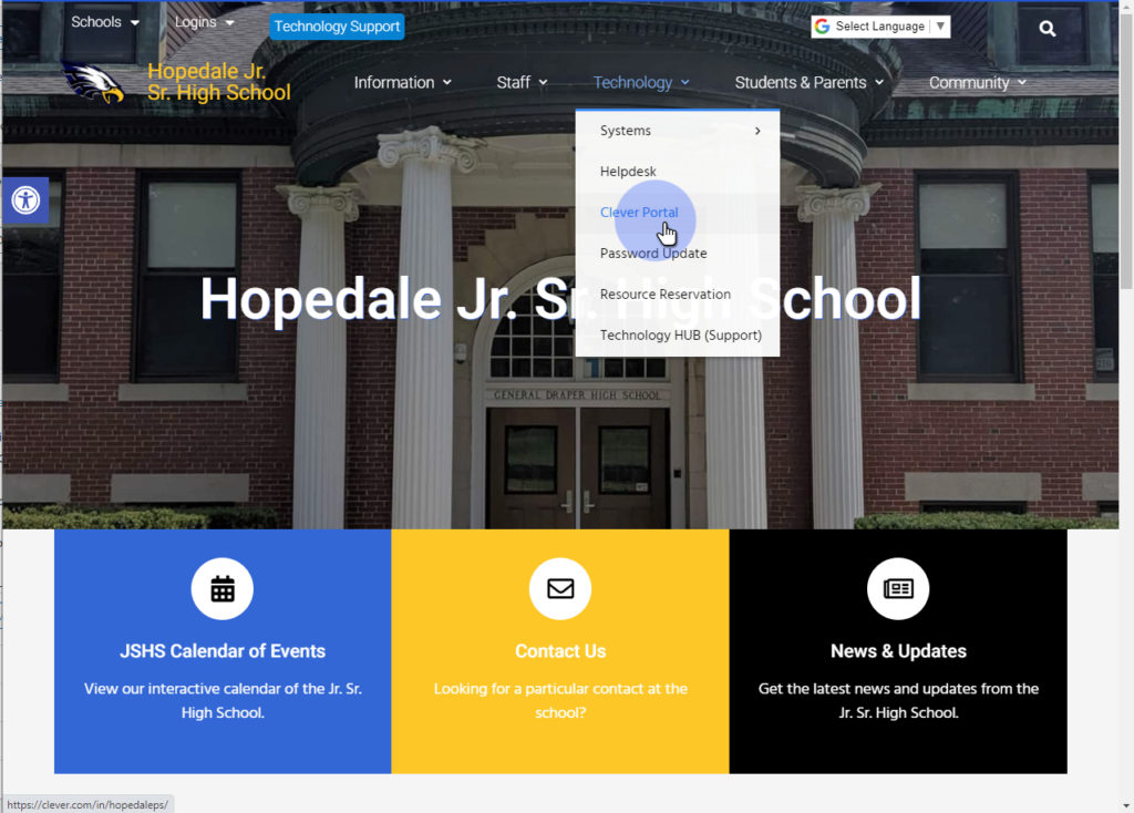 <p>Navigate to the school website -> Technology -> Clever Portal</p><p>OR go here: </p><p><a href="https://clever.com/in/hopedaleps/" rel="noopener noreferrer" target="_blank">https://clever.com/in/hopedaleps/</a></p><br>